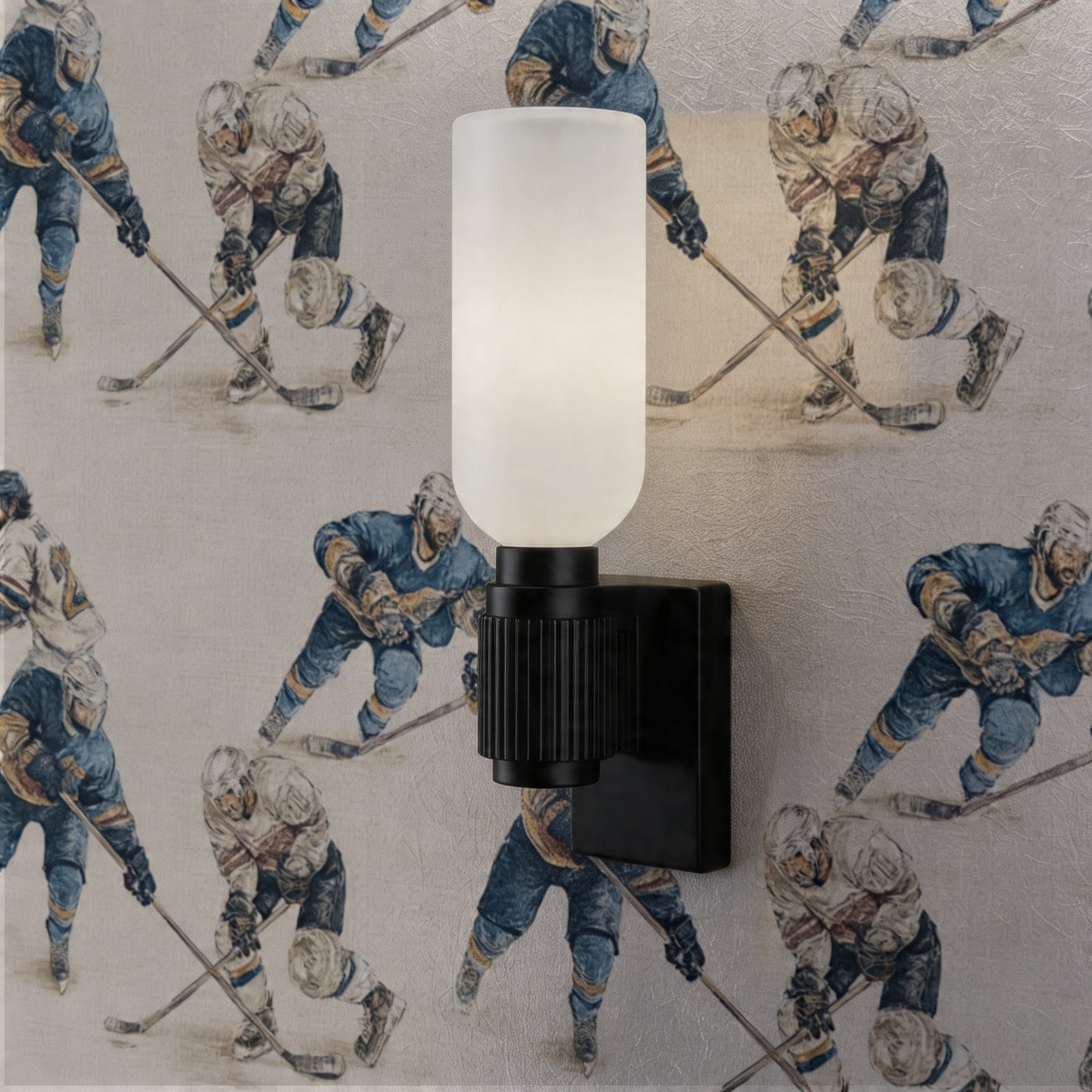 Close-up of the vintage-inspired hockey uniform illustrations on the Rinkside Heritage wallcovering.