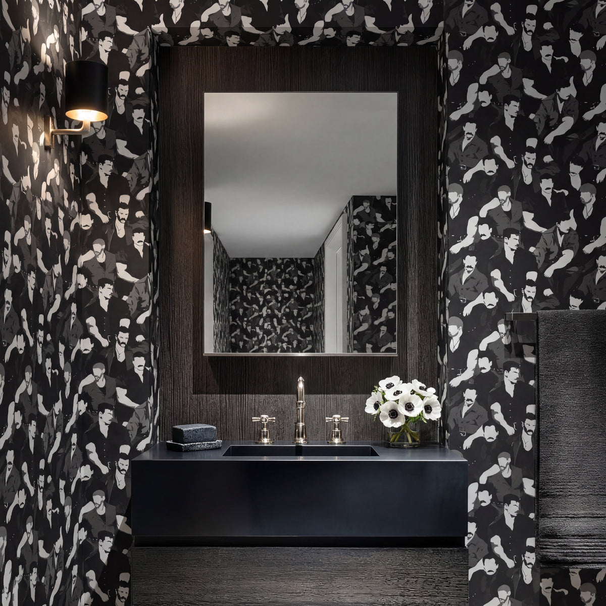 Mustache Men wallpaper in a stylish monochrome lounge setting