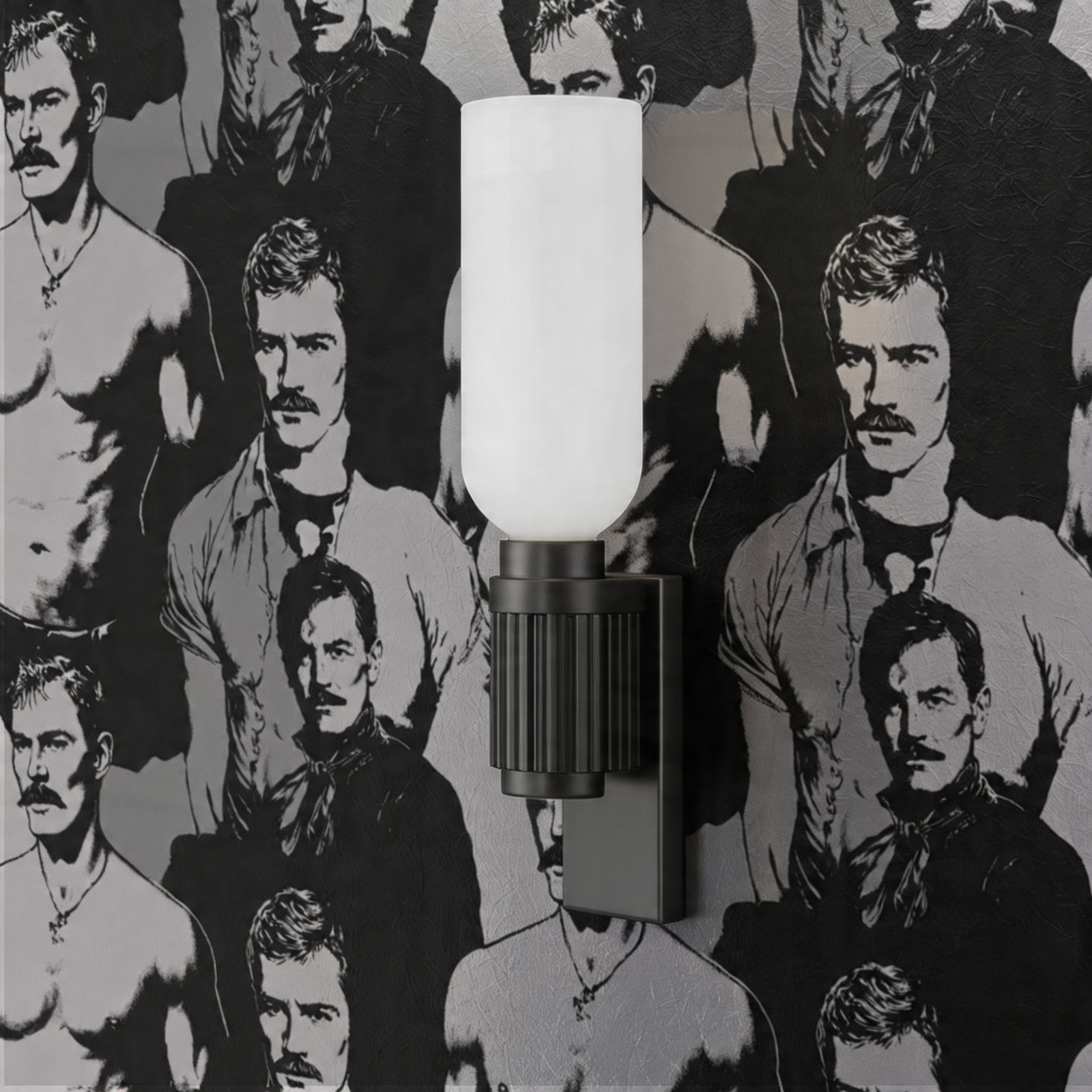 Detail of monochrome figurative wallcovering pattern showing dapper gentlemen in suits