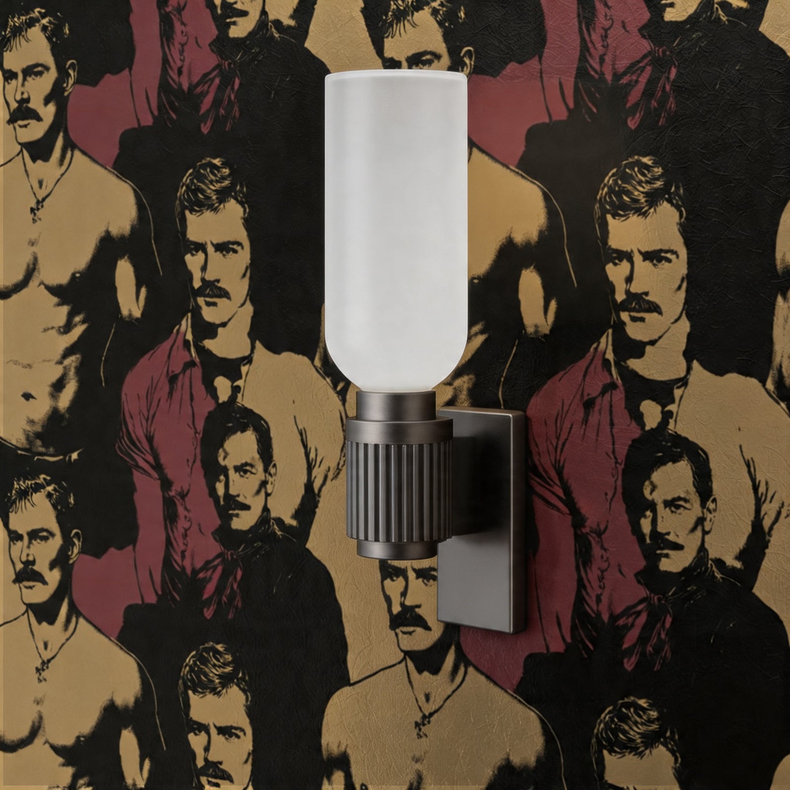 Detail of natural woven grasscloth substrate printed with portrait graphics