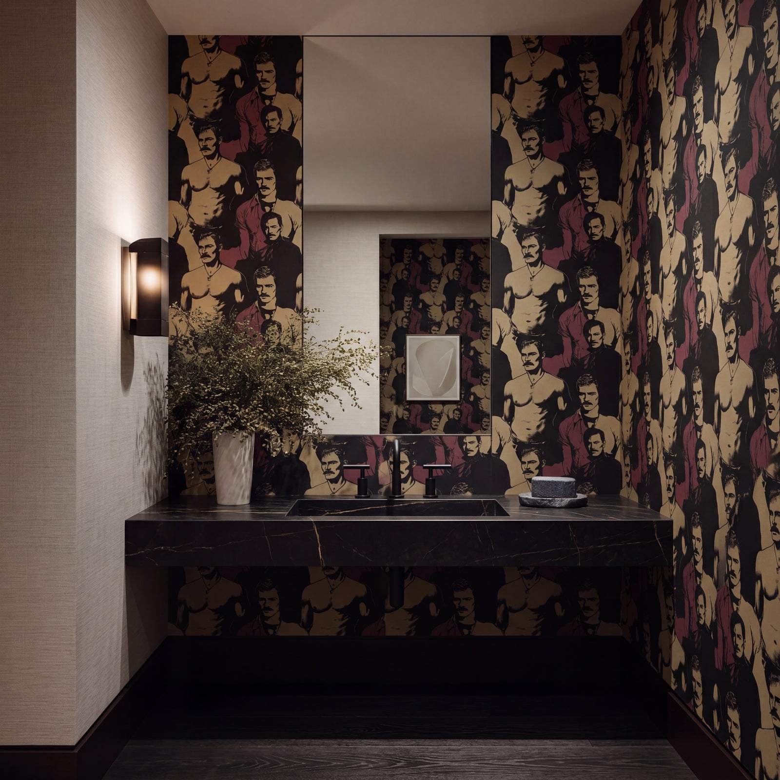 Elegant lounge setting highlighting textured gentleman portrait grasscloth wallpaper