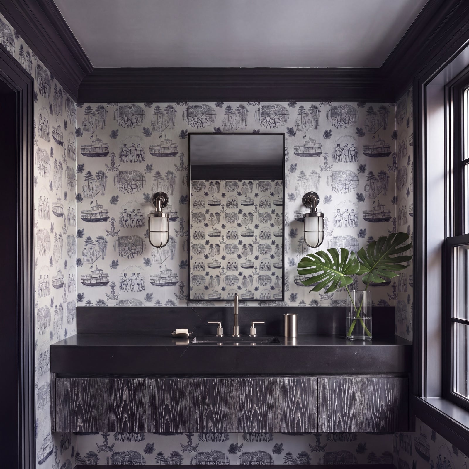 Luminous metallic finish variation of the coastal toile wallpaper in a modern space.
