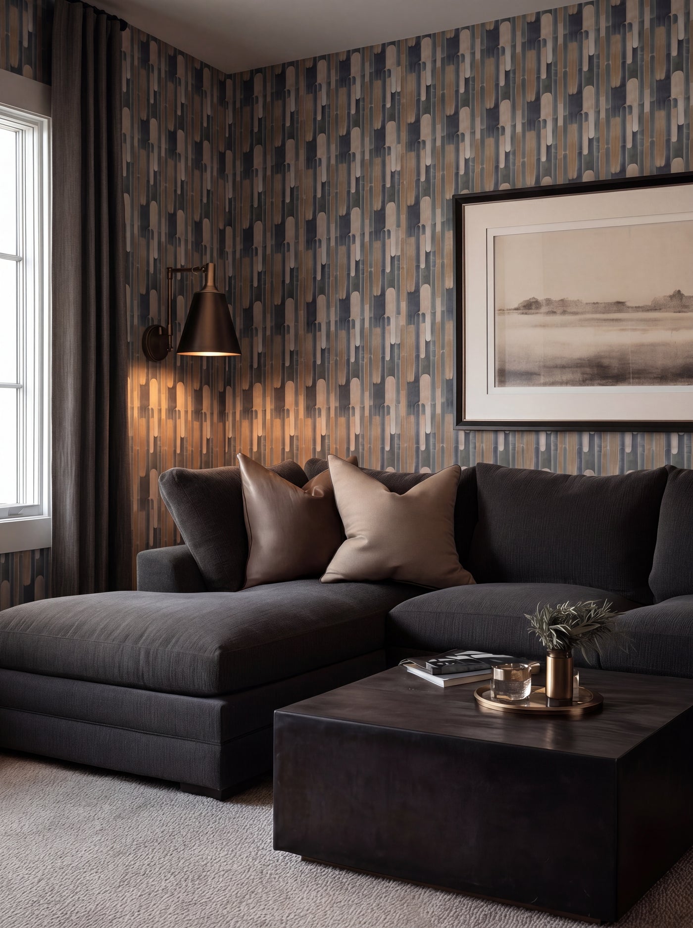 Interior scene showing Tempo modernist geometric wallpaper in a stylishly curated room setting.