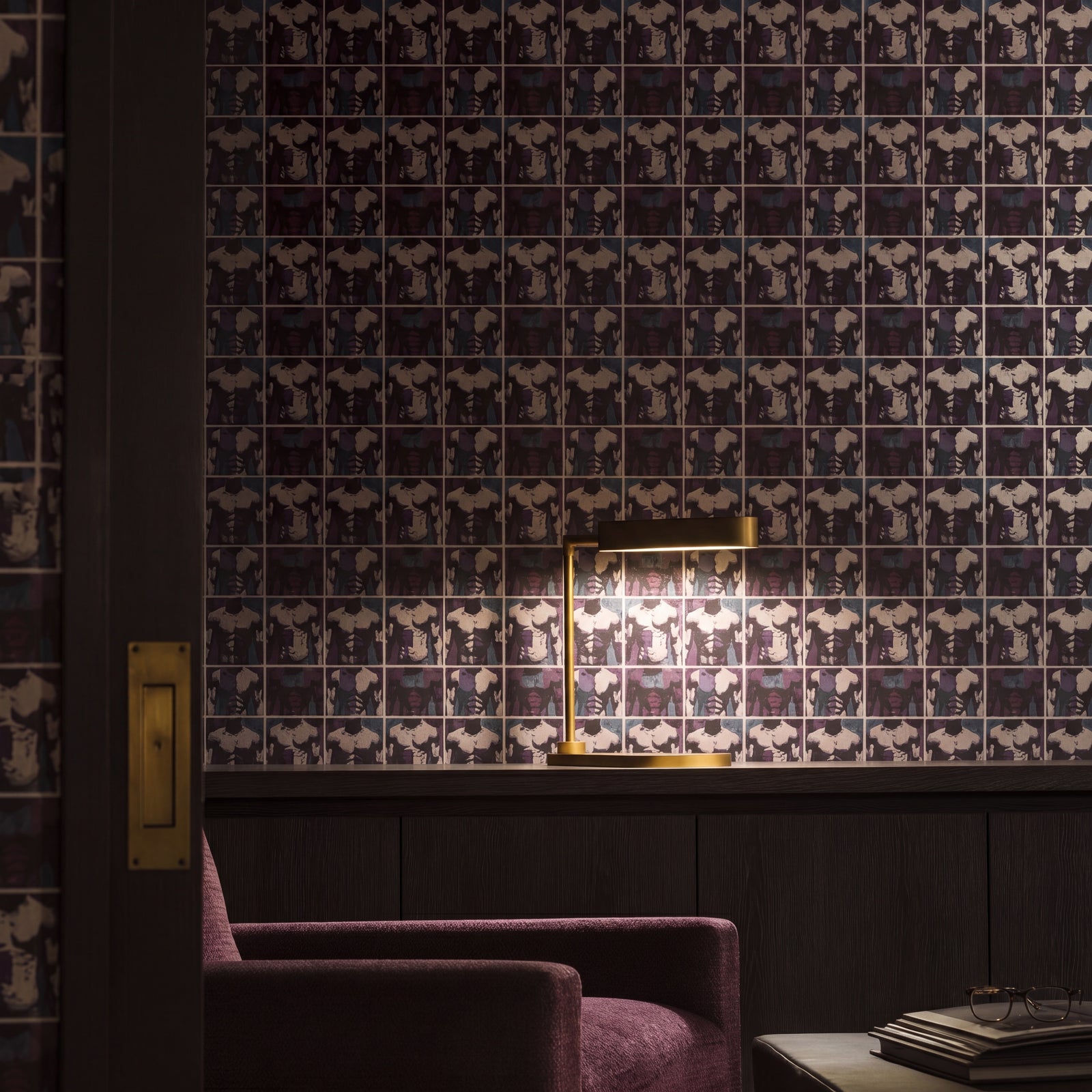 Modernist living space styled with ModBod organic line art wallpaper, showcasing the scale of the pattern.