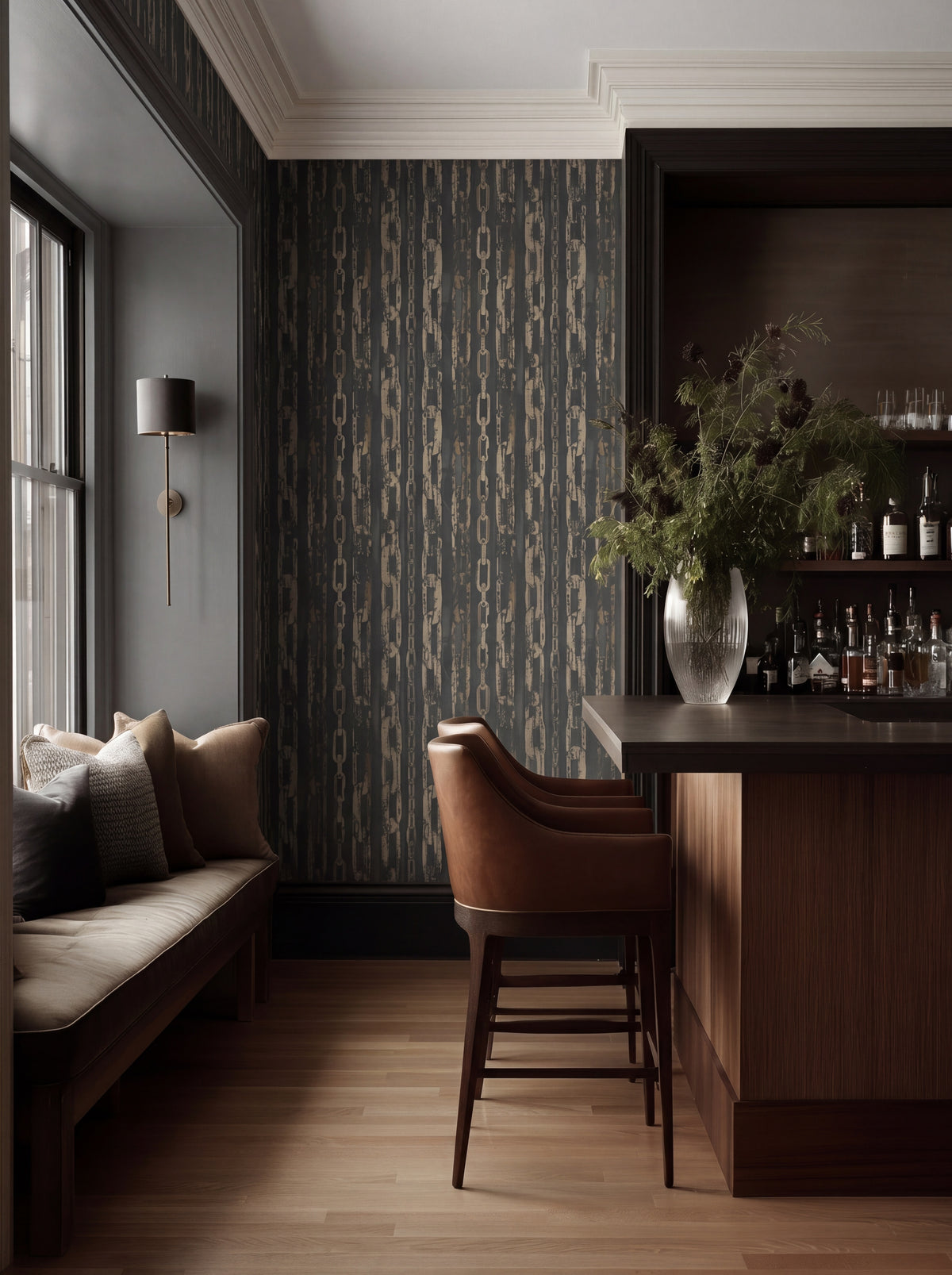 Patina Chains wallpaper styled in a modern loft interior, showcasing the bold bronze pattern on a prominent dining wall.