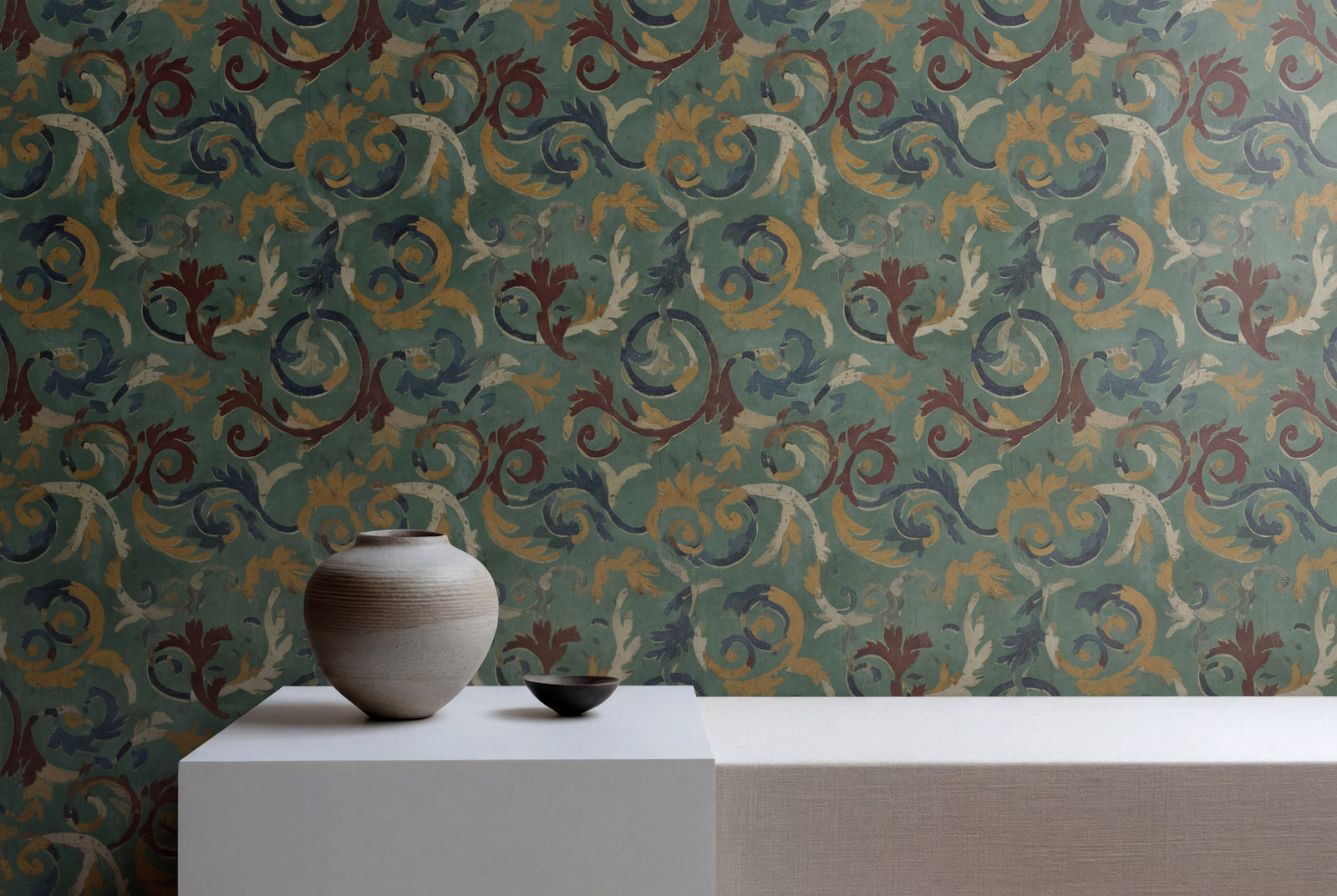 A well-lit entryway featuring the 3rd Century Roman Bath Tile II wallpaper with green and terracotta accents.
