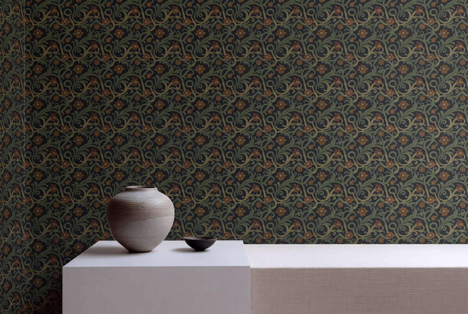 A beautifully styled dining room featuring the Roman mosaic-inspired wallpaper on a focal wall.