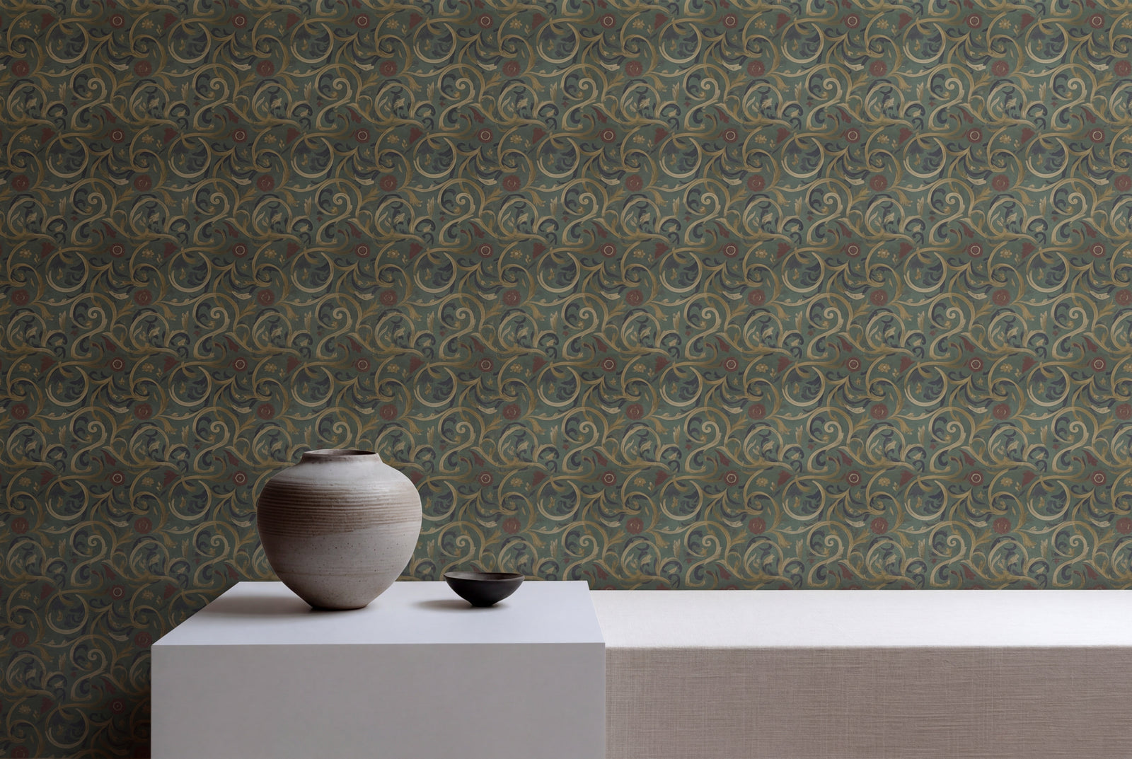 Elegant modern living space showcasing the 3rd Century Roman Bath Tile IV wallpaper design.