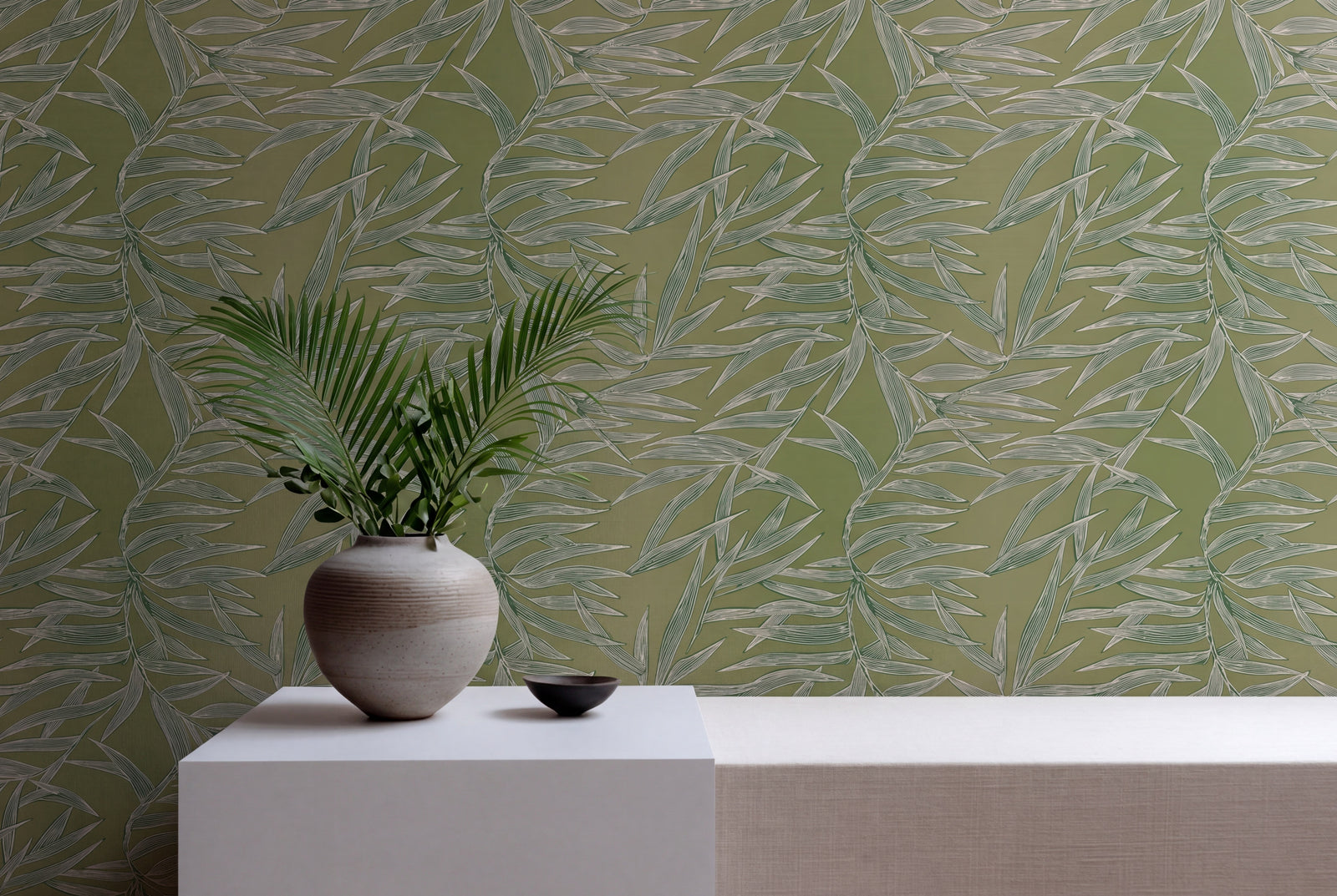 Modern interior wall styled with the elegant Verdant Bamboo wallpaper.