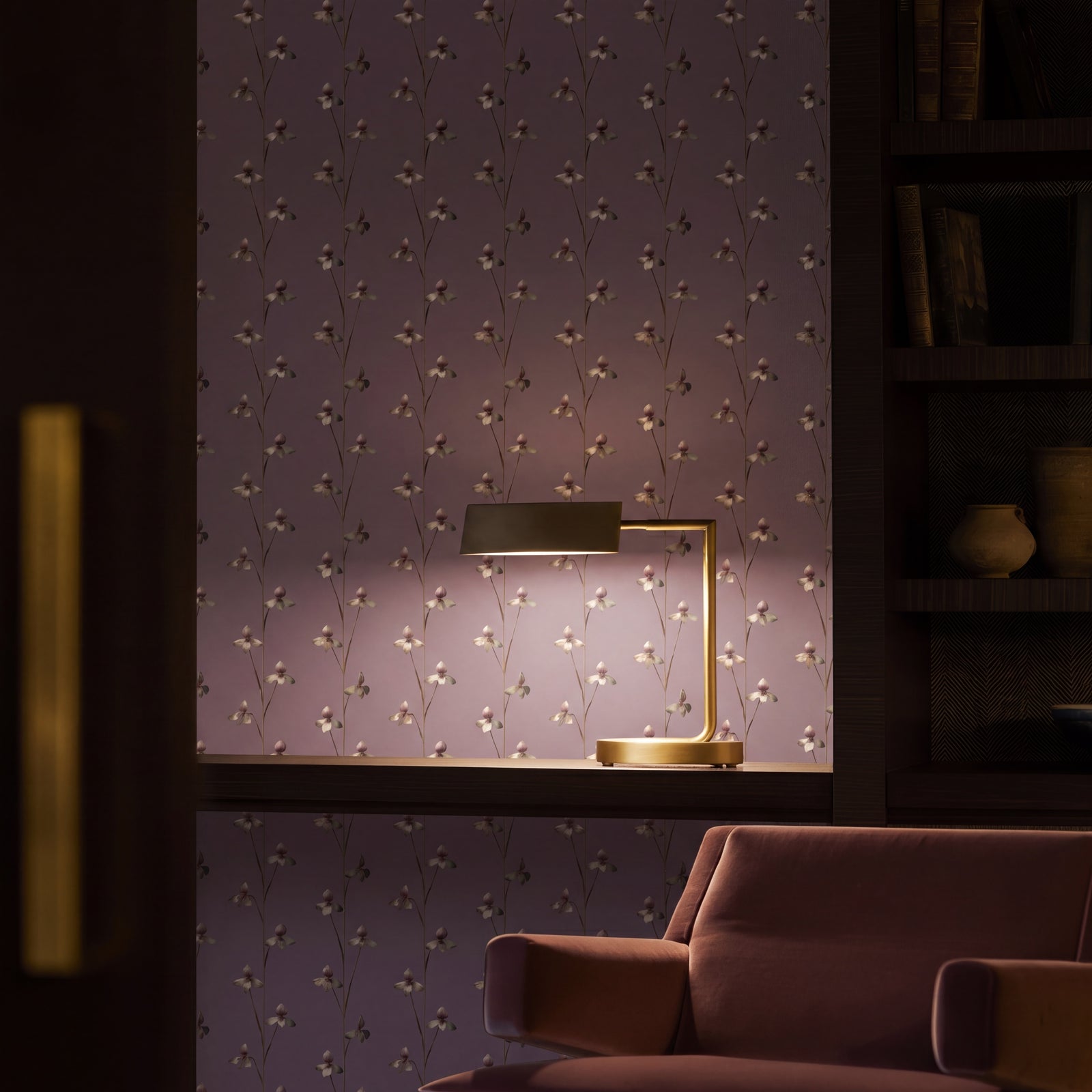 An elegant bedroom styled with Twilight Bloom orchid botanical wallpaper in dusty mauve.