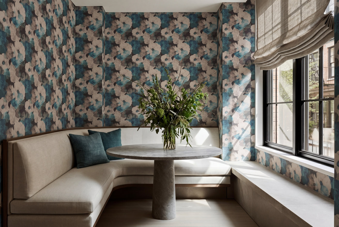 Luminous Sheer Peonies wallpaper in Hazel installed in an elegant dining room interior.