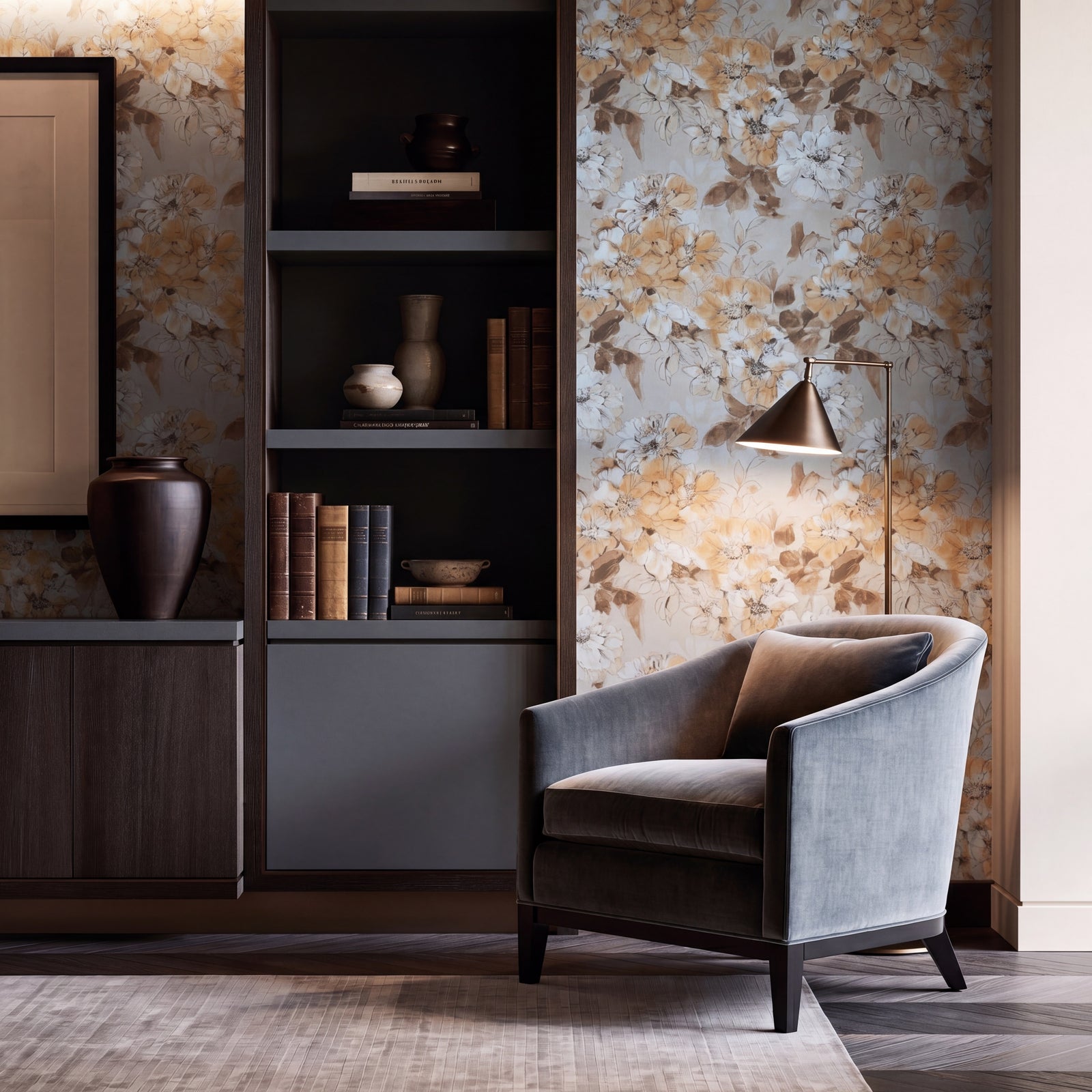 Sophisticated dining room styled with watercolor botanical wallpaper.