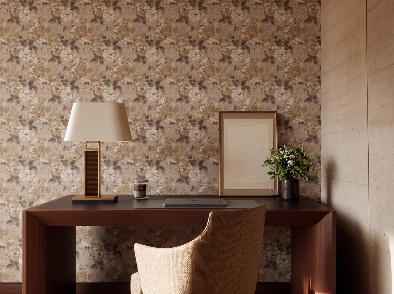 Light-filled dining space decorated with neutral watercolor floral wallpaper.