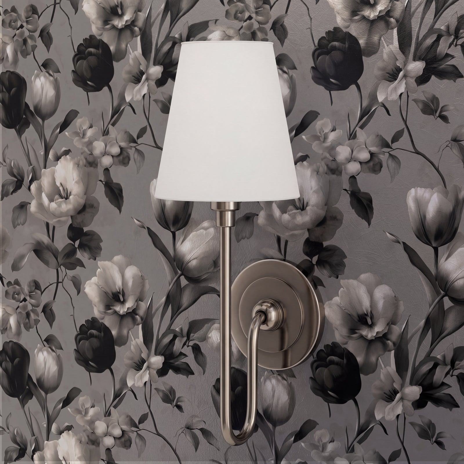 Styled interior featuring Tulip Noir Botanical Wallpaper on a bedroom wall