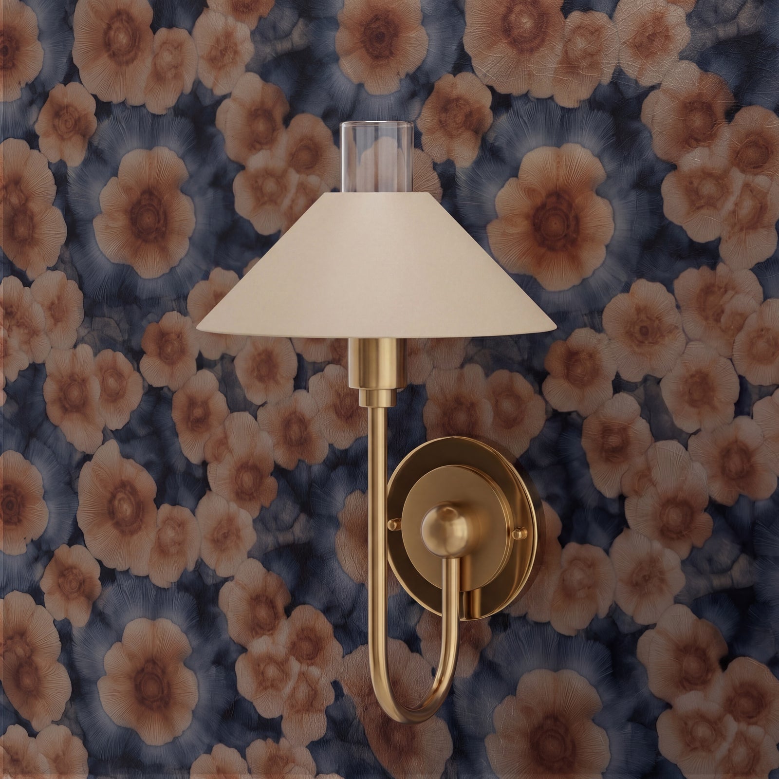 A beautifully decorated room featuring the Sea Poppies botanical wallpaper on a statement wall.