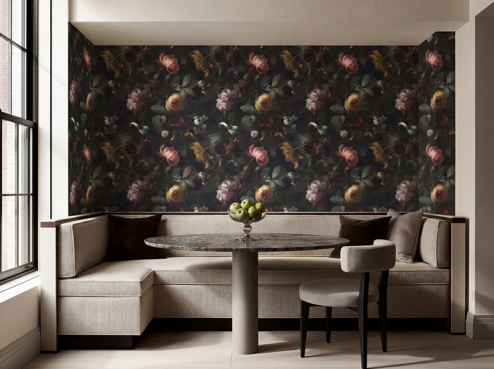 Nocturne Botanical Wallpaper applied in a powder room interior, styled with a modern vanity and warm lighting.
