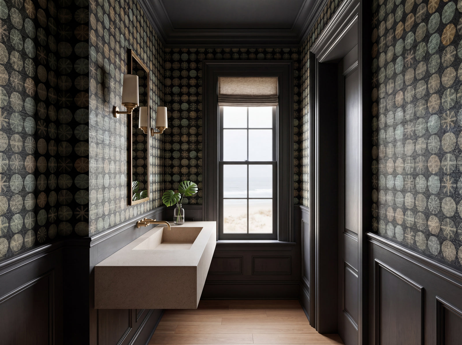 A classic study styled with Sea Urchin Study wallpaper in Midnight on the walls.
