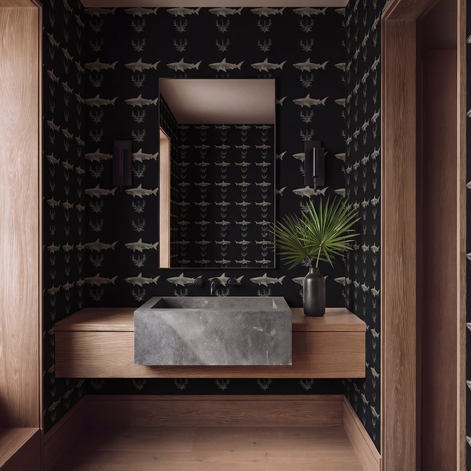 Contemporary powder room styled with the geometric Solo Swimmer shark wallpaper in a bold dark palette.