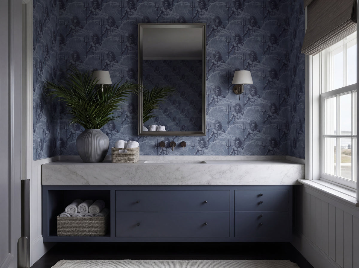 Elegant dining room interior featuring the Neptune mythological wallpaper in deep Aegean blue on the accent wall.