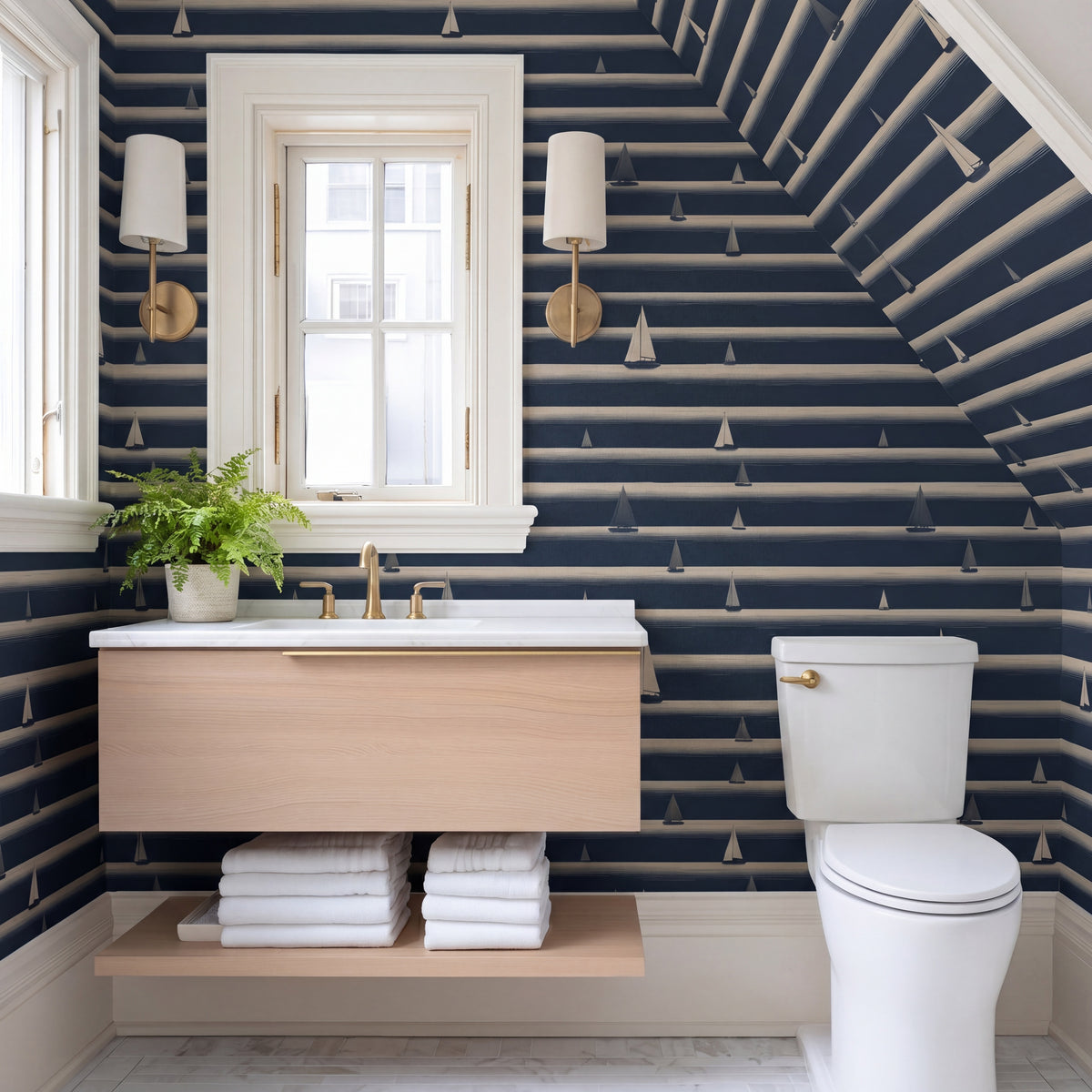Minimalist blue and white nautical sailboat wallpaper in a styled interior.
