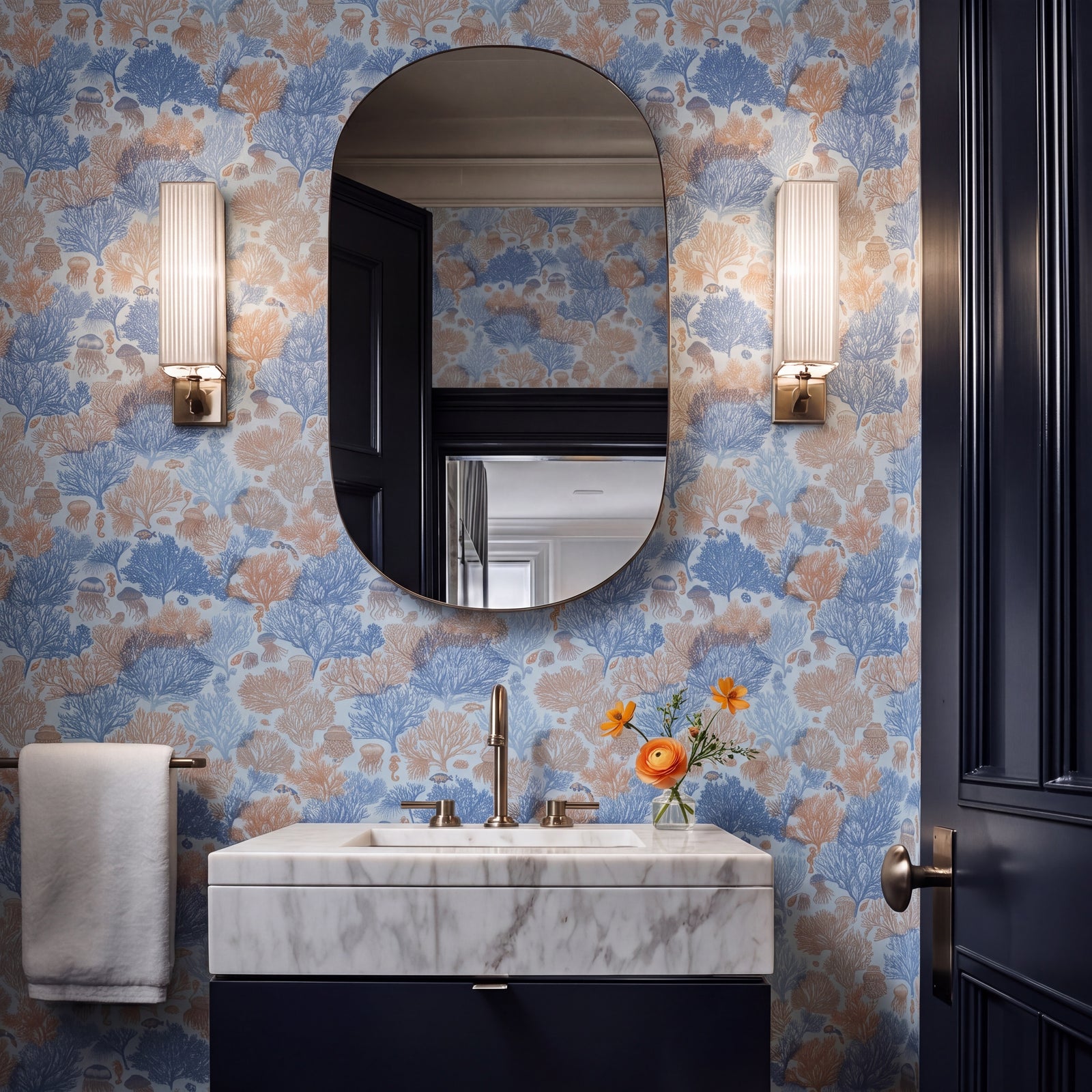 Stunning coastal bedroom interior decorated with Jelly Reef wallpaper in Coastal Blue.