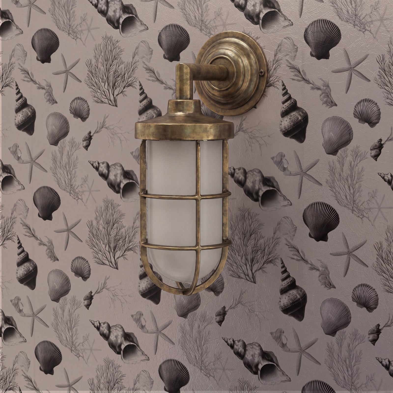 Detailed view of the beach-inspired pattern on Sanibel wallpaper in a curated coastal bedroom.