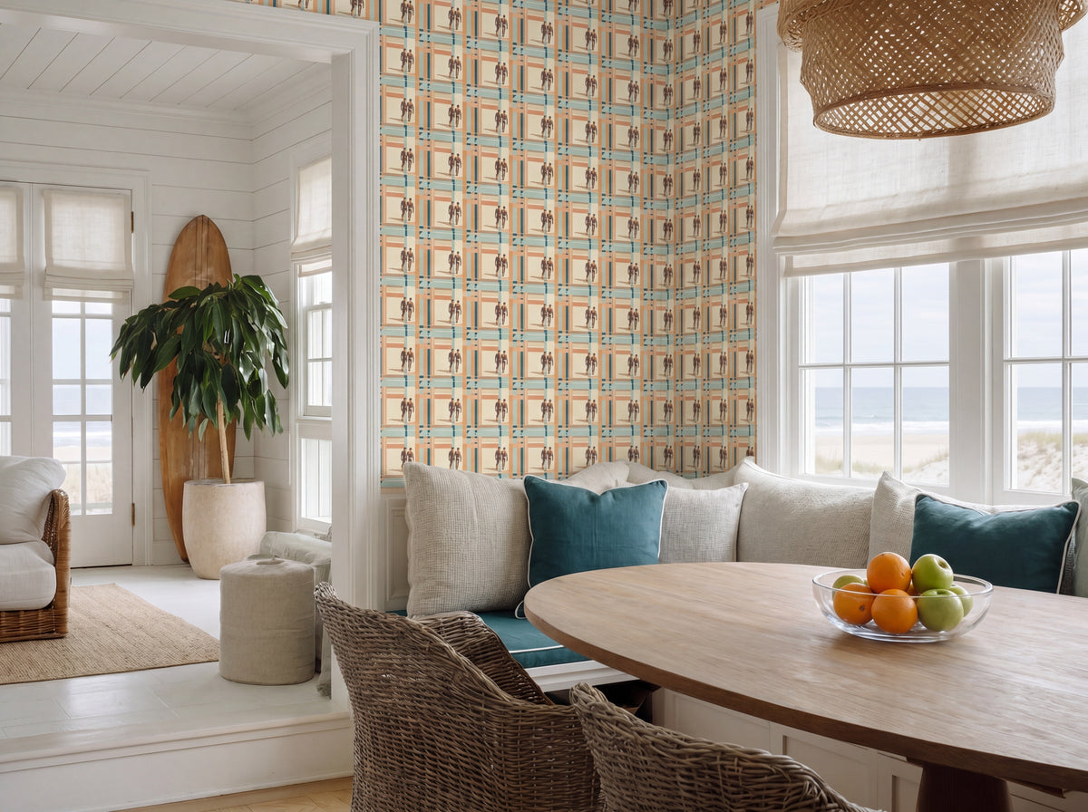 Modern dining room featuring the abstract shoreline wallpaper in a warm, minimalist setting.