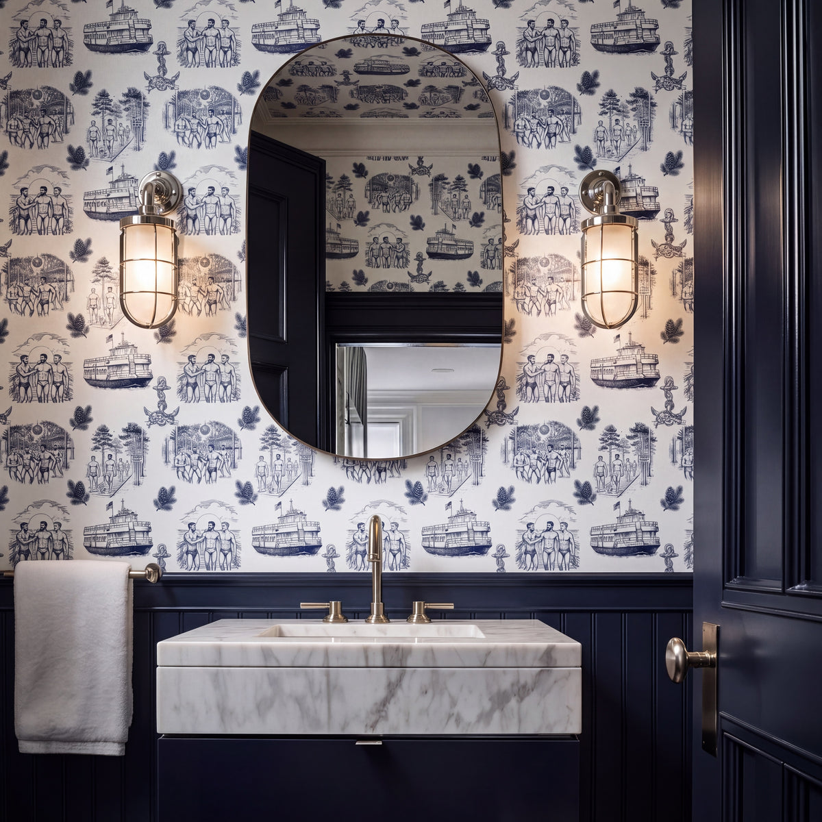Detailed rendering of Fire Island Pines Toile wallpaper in blue and white coastal design.