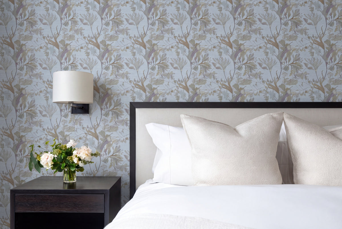 Ethereal seaweed and foliage wallpaper in a styled residential bedroom setting.