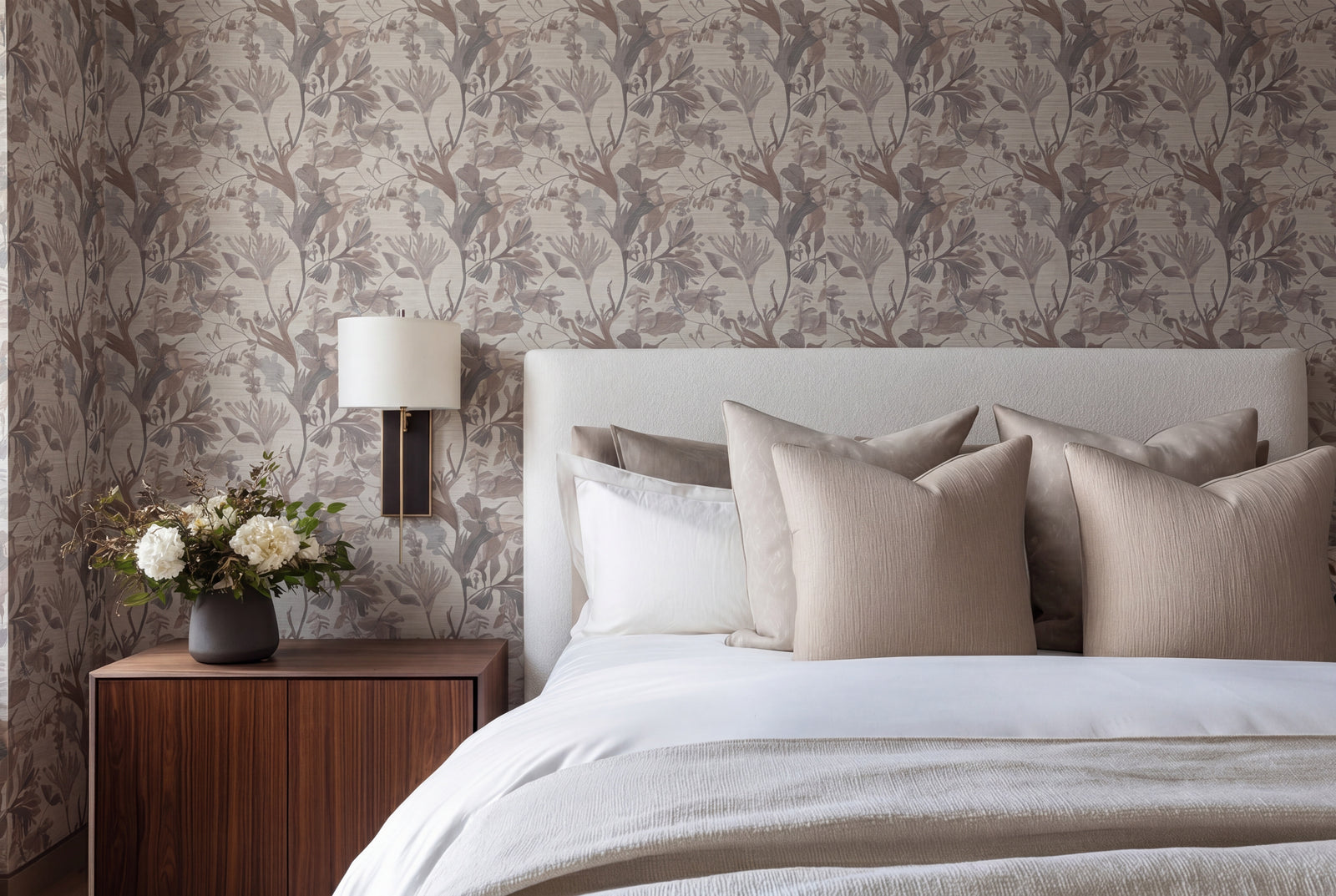 Botanical seaweed wallpaper elegantly installed on a dining room accent wall.