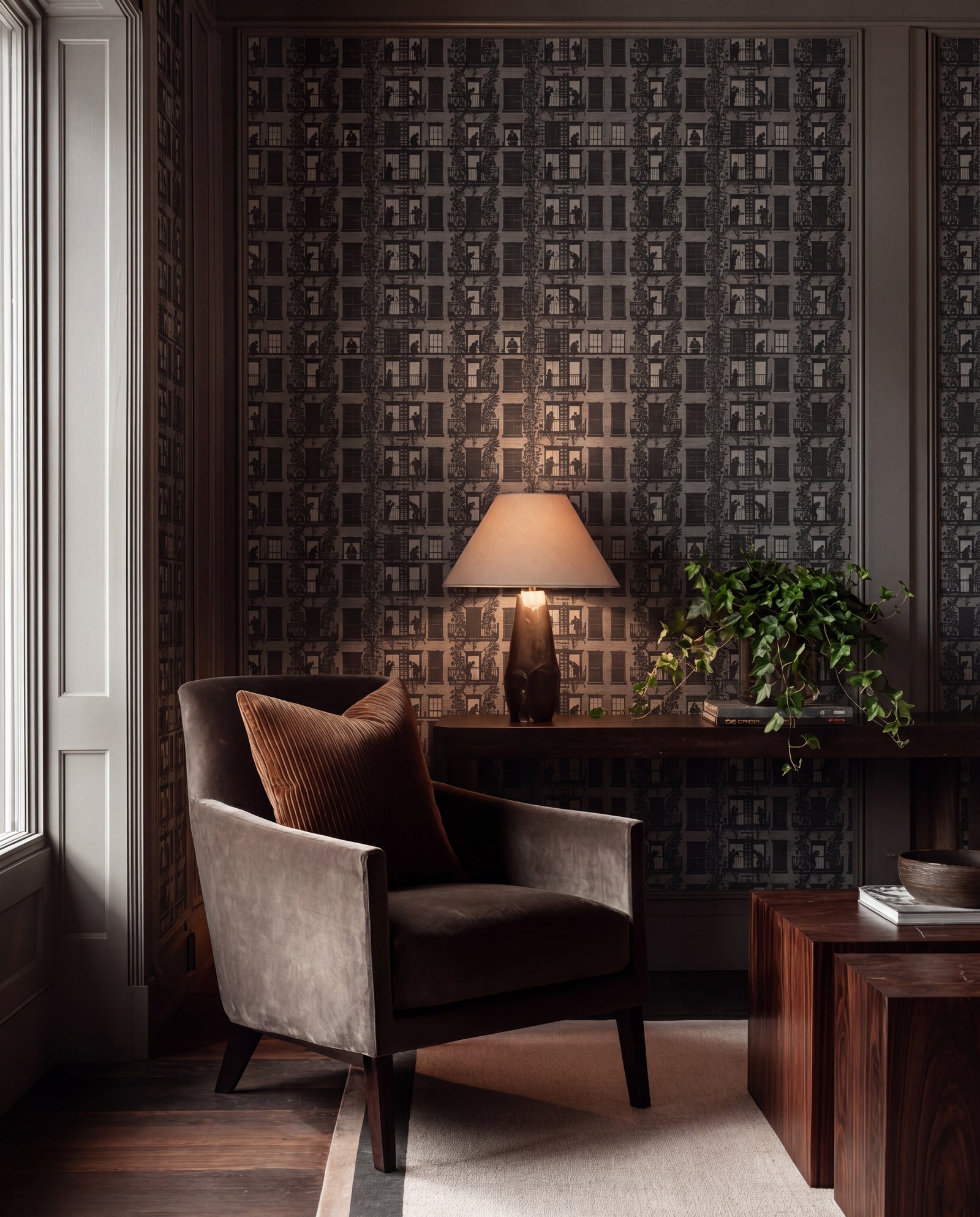 Village Windows wallpaper in Cloud installed on an accent wall.
