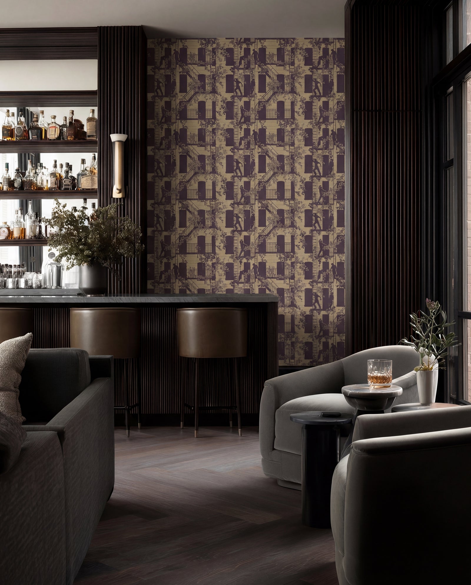 Greenwich Village street scene wallpaper in Bronze colorway installed in a curated powder room.