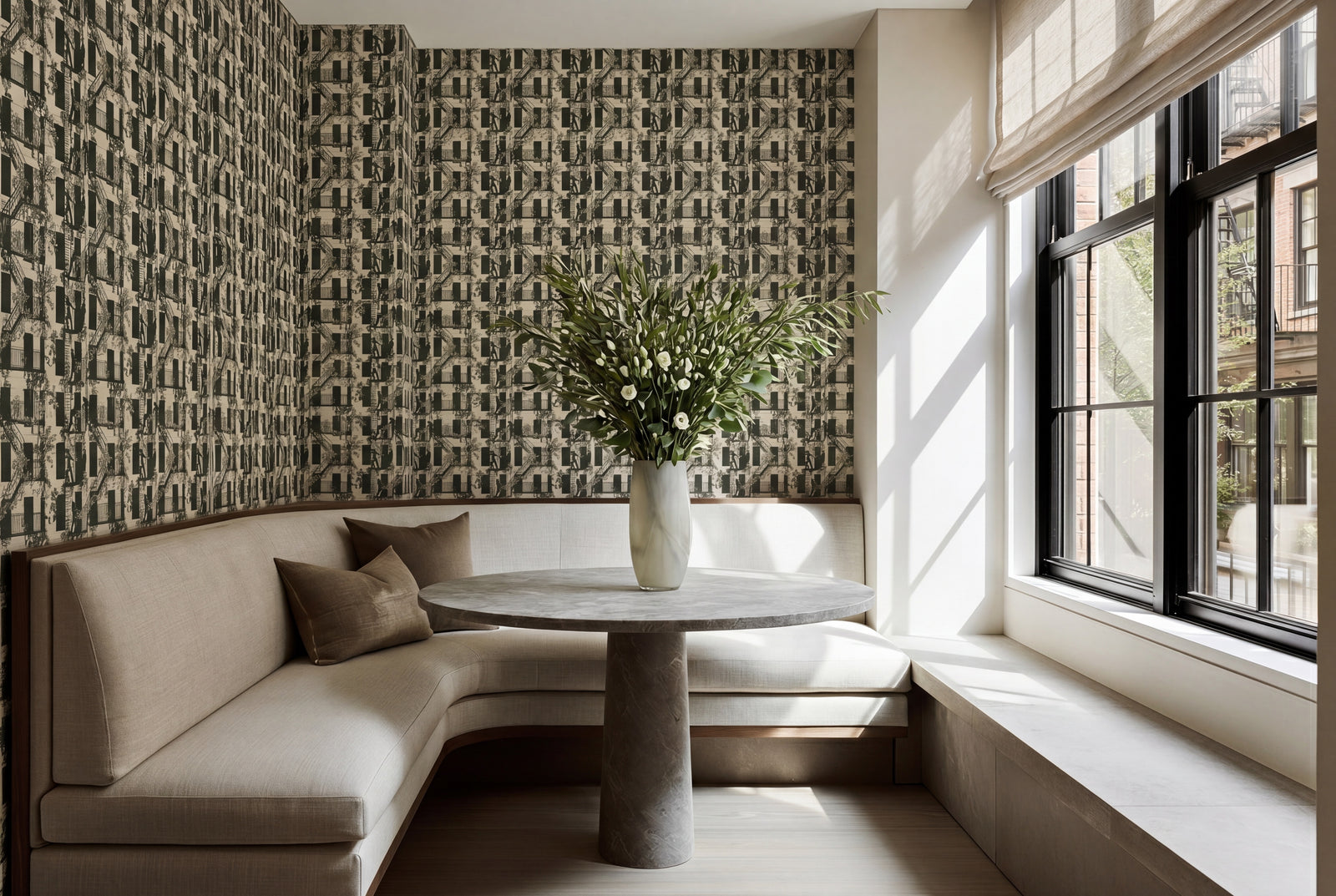 Clean and modern White Greenwich Village narrative wallpaper installed in a bright dining area.