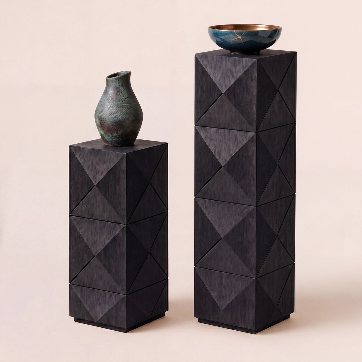 Bespoke short wooden plinth displaying a ceramic vase in a refined minimalist interior.