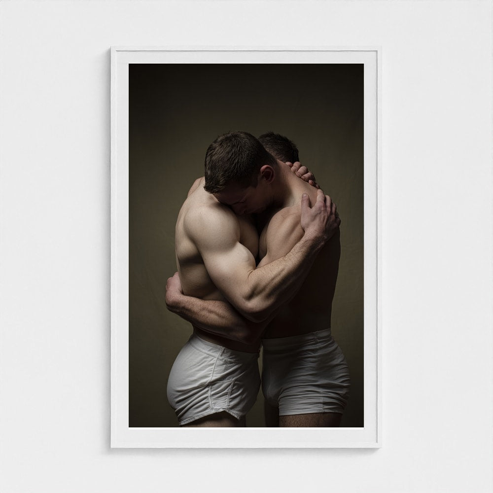 Intimate Male Embrace Portrait in Soft Neutral Tones