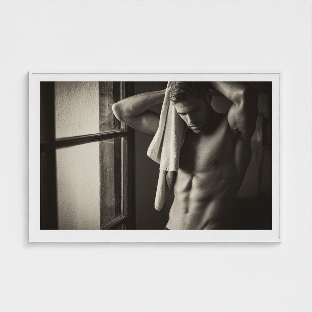 Contemplative Man Drying Hair in Sepia Toned Light