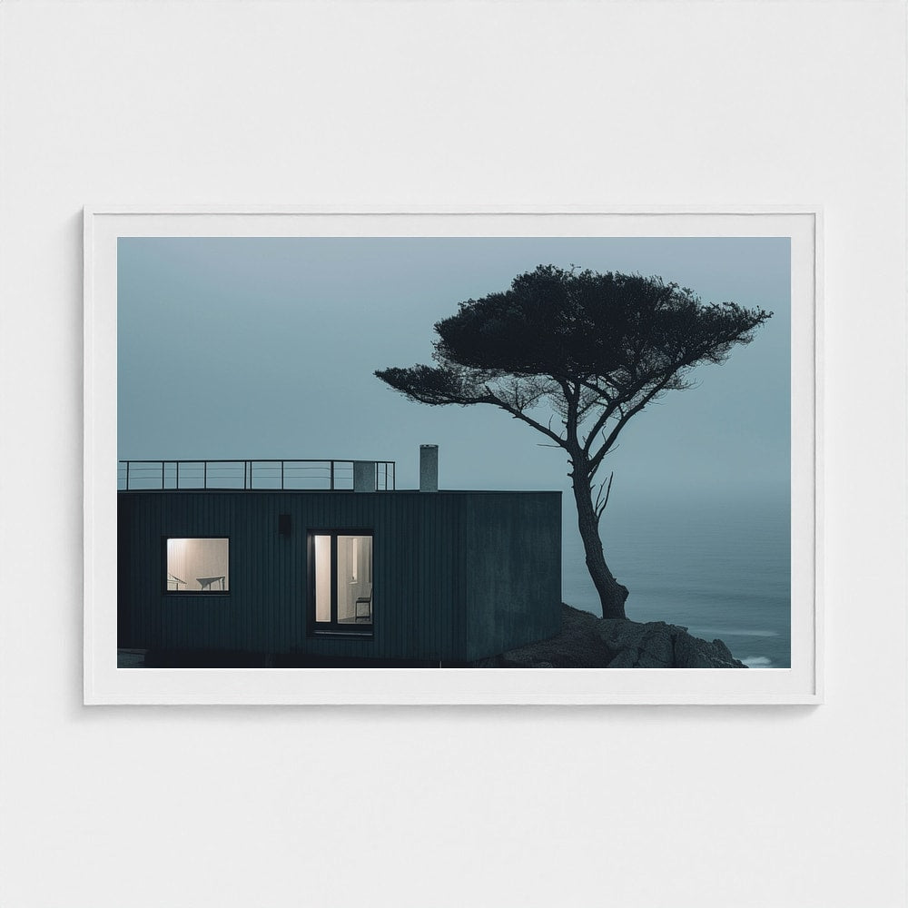 Modern Coastal Cabin at Dusk in Deep Charcoal Tones