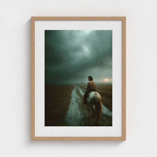 Rider in Stormlight on White Horse Photographic Print