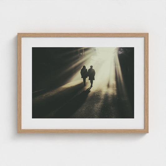 Silhouetted Couple in Dramatic Urban Sunlight Print