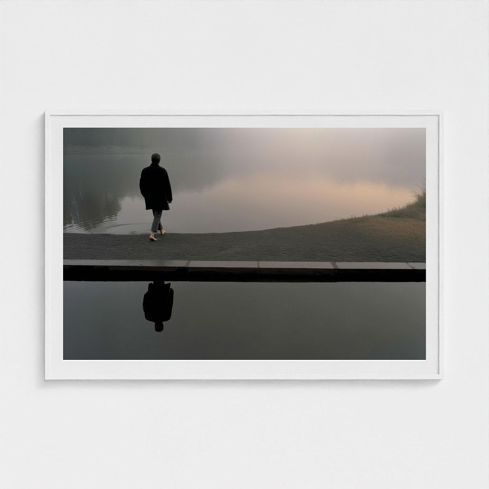 Solitary Figure on Fogged Lakeshore in Taupe Greys