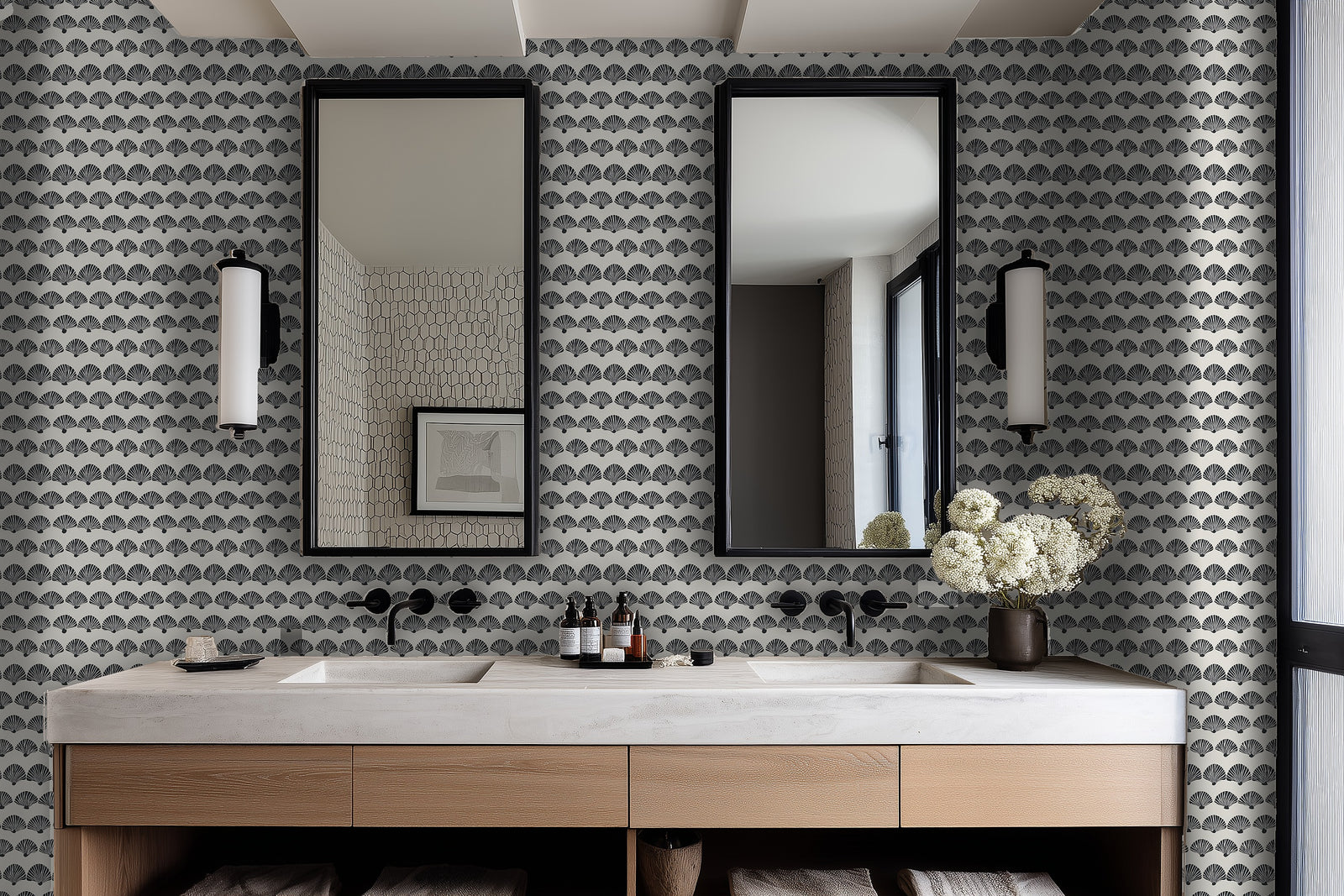 The Modern Scallop wallpaper in beige installed in a bright, modern bathroom.