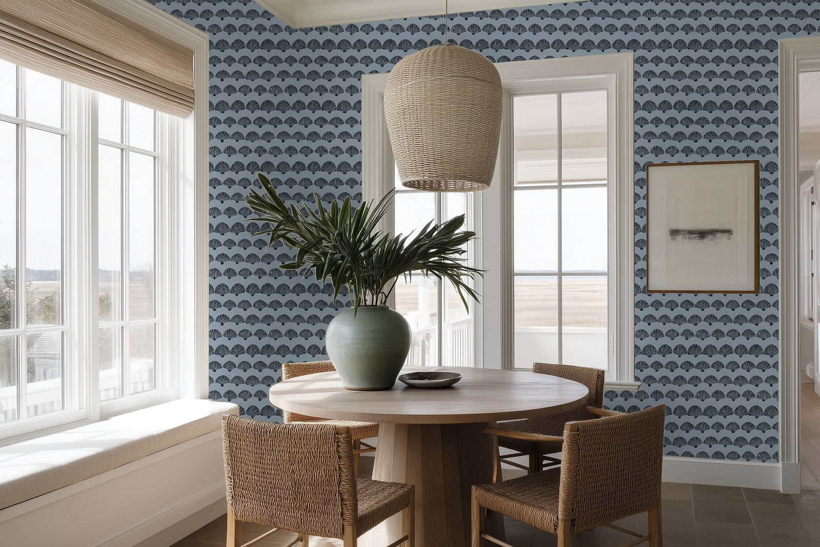 The Modern Scallop wallpaper in a rich blue colorway inside a formal dining room.