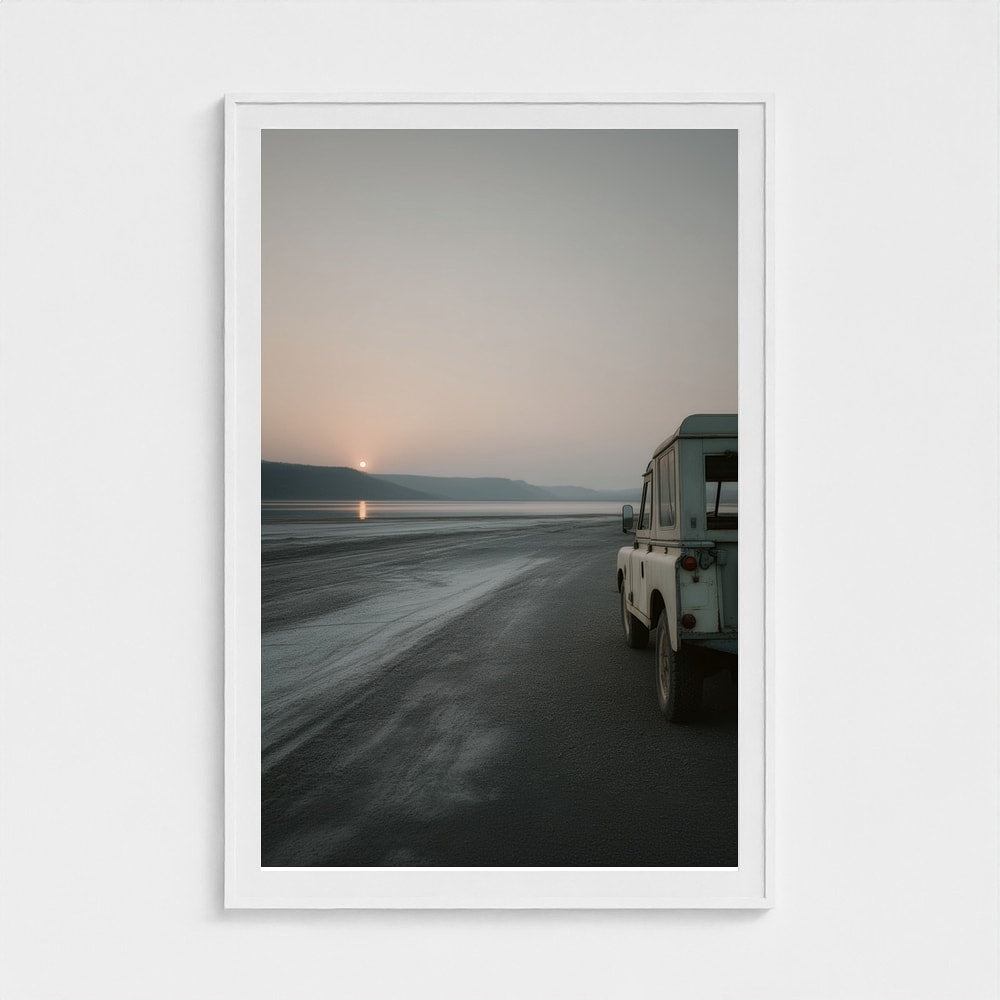 Vintage Land Rover at Serene Coastal Sunset View