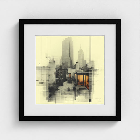 New York Rooftop Architectural Drawing in Warm Tones