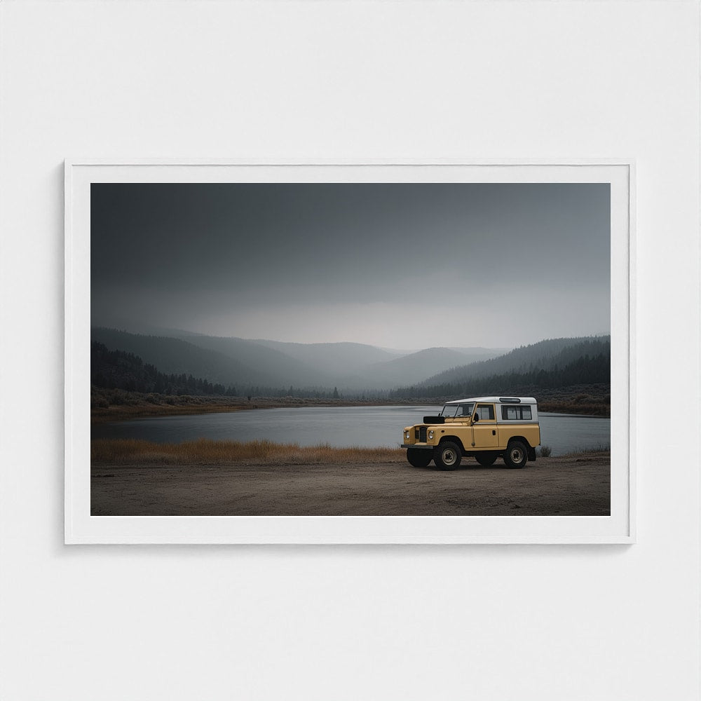 Yellow Land Rover by Misty Lake in Soft Grey Tones