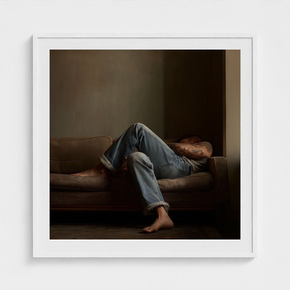 Reclining Denim Portrait in Quiet Taupe Tones
