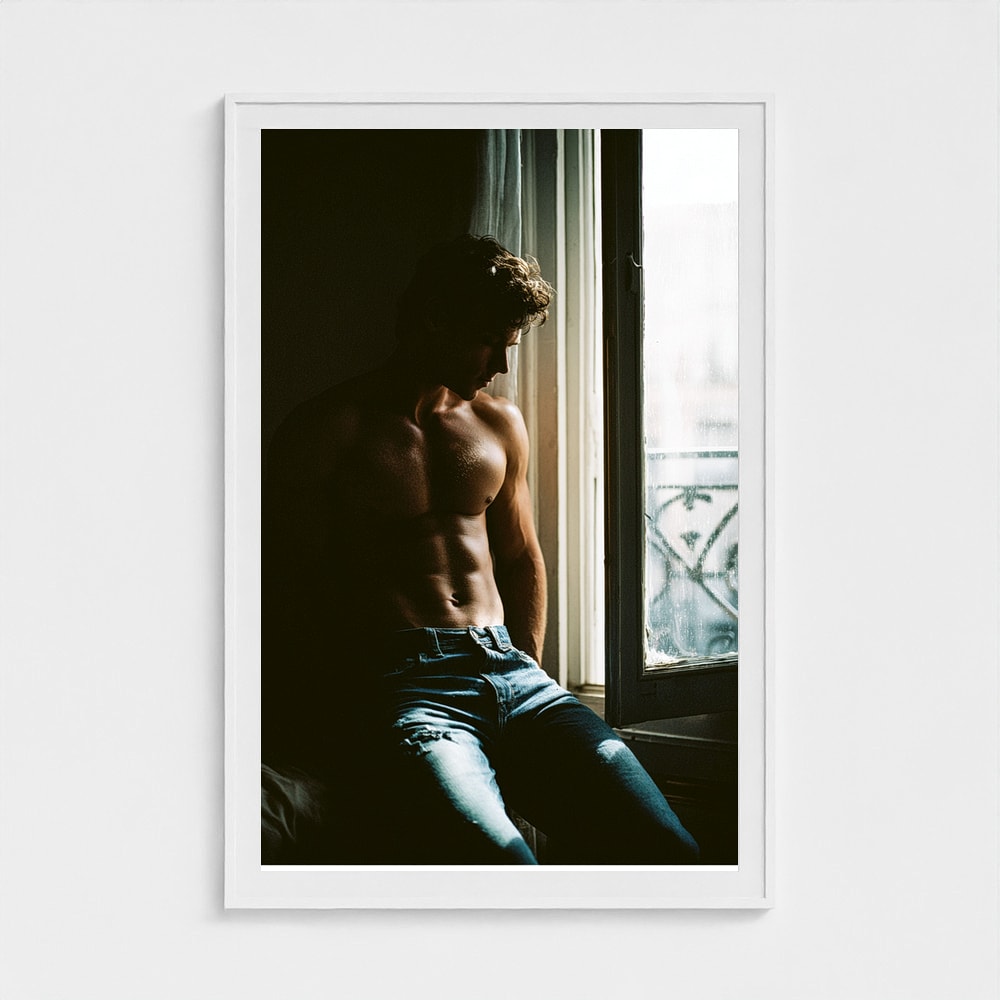 Contemplative Window Portrait in Denim and Soft Light