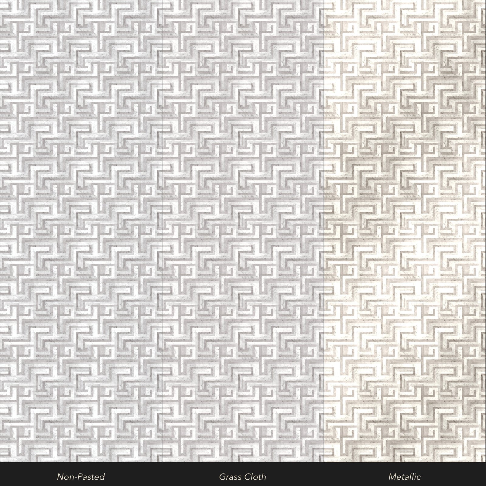 Texture comparison of non-pasted, grass cloth, and metallic paper styles