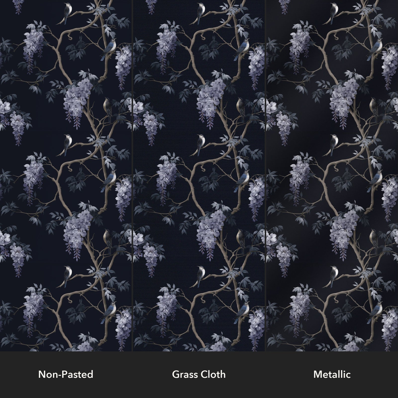 Wisteria and Swallows — Midnight — Paper Types: Non-Pasted, Grass Cloth, Metallic