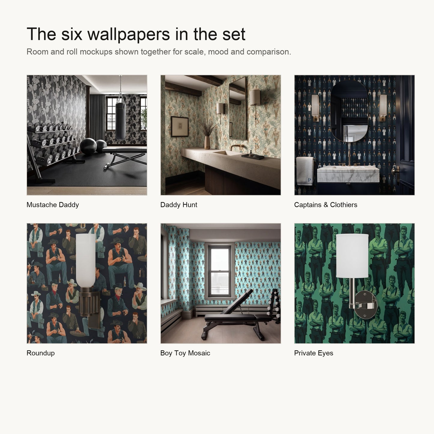 Pride 2026 wallpaper sample set showing six room and roll mockups together
